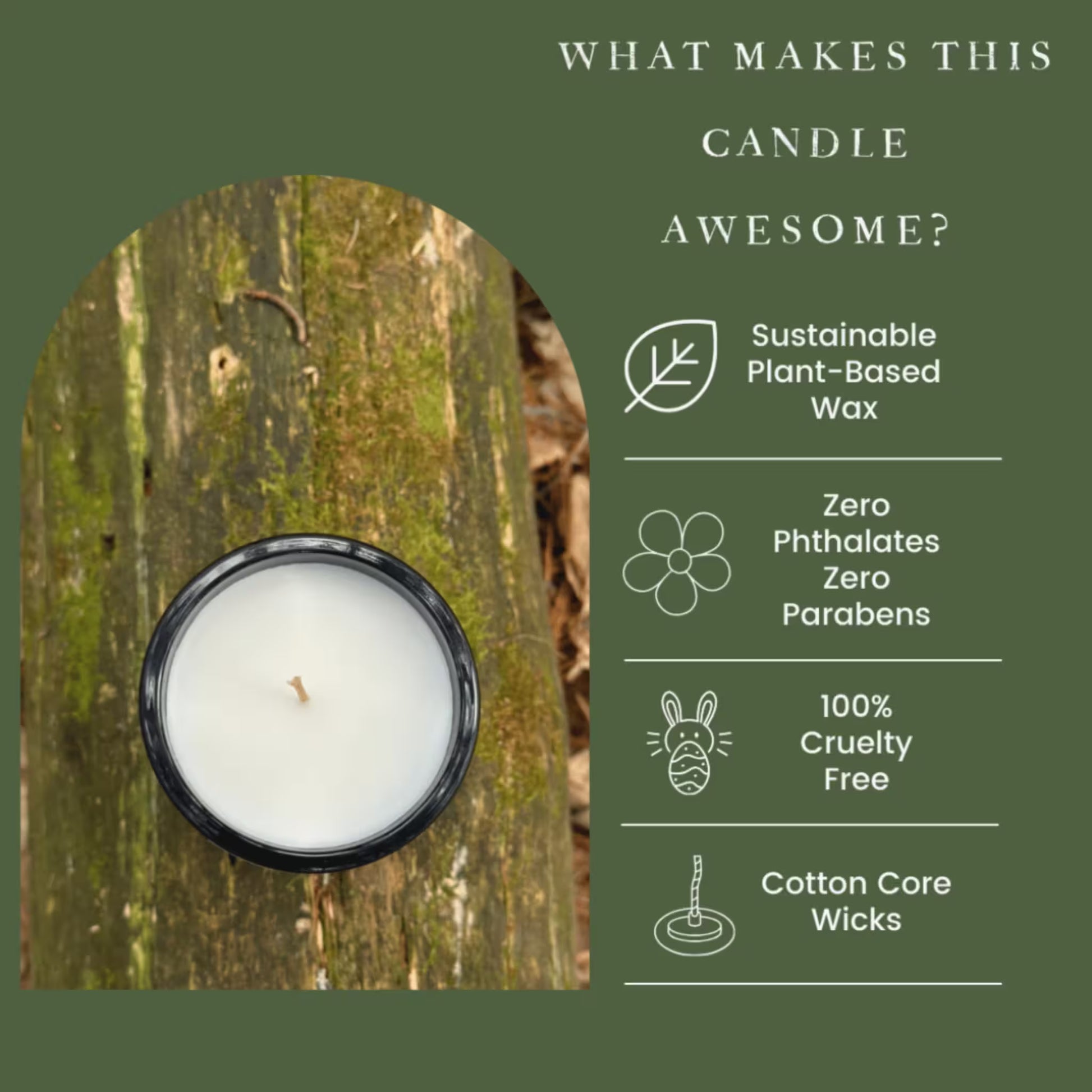 Candle sitting on mossy log with a list of it's sustainablity perks