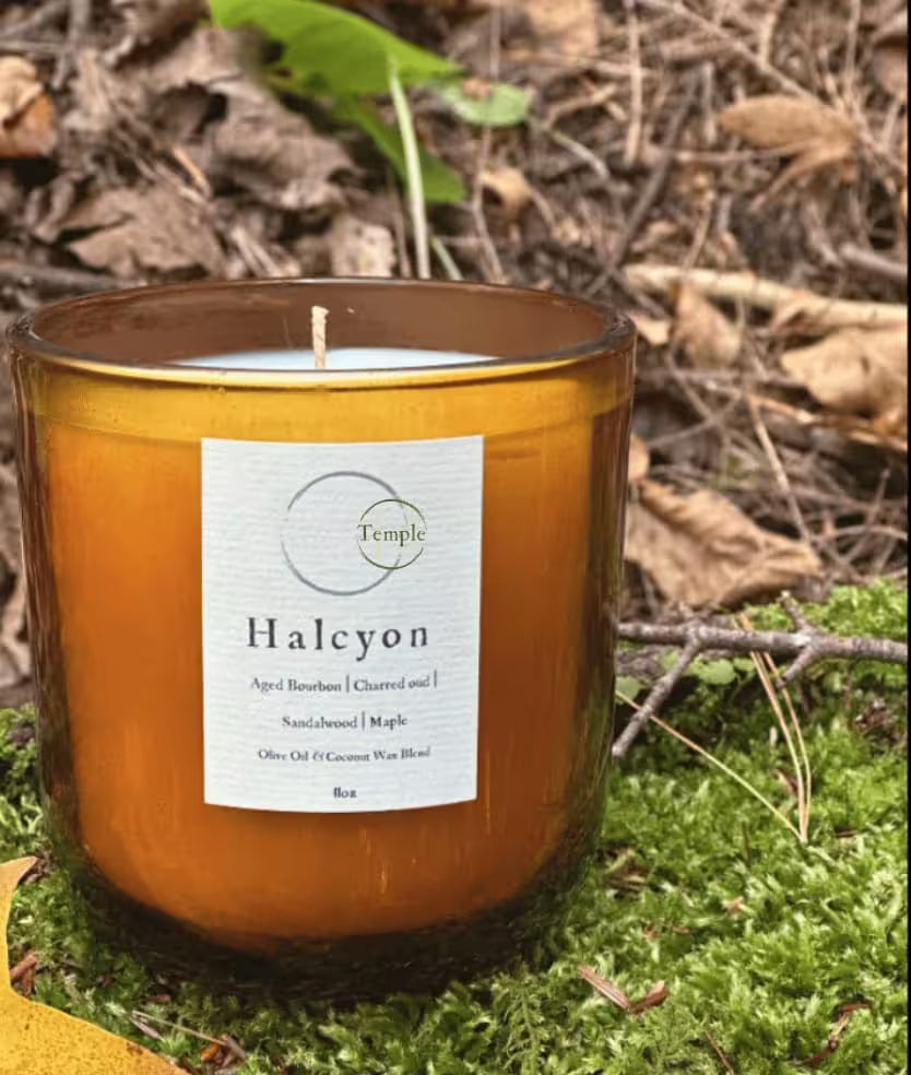Candle labeled 'Halcyon' from 'Temple' on a natural background with moss and leaves.