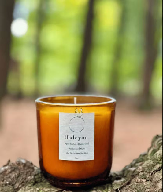 Amber candle with a label on a tree stump  in a forest setting